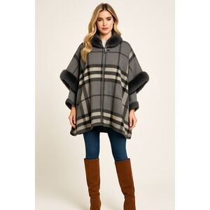 Northern Angel Poncho Coat Womens L XL Gray‎ Faux Fur Plaid Oversized Academia